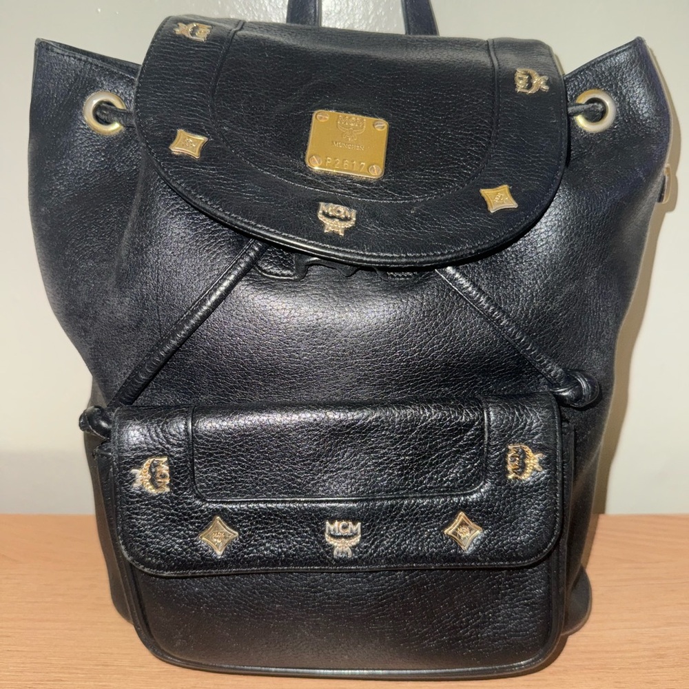 MCM Black Leather Backpack with Gold Hardware with COA - EUC